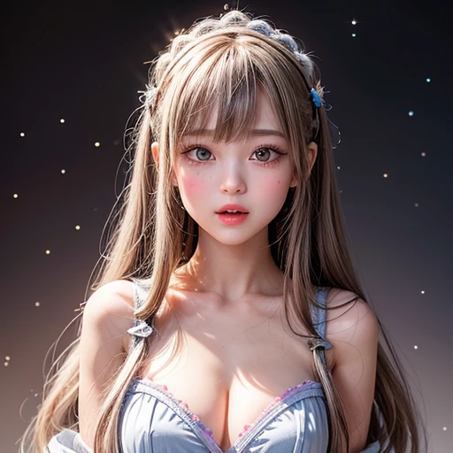 NSFW, 8k, High-level, absurd, masterpiece, best quality, primitive, very detailed CG, very detailed wallpaper, perfect lighting, Extremely detailed (((The personifying " LoveDoll " as a Little Girl))), MysticSight, Tyndall effect, Tyndall scattering, Studio gray background with (many Dazzling RainbowColor particles BokeH:1.28), (RoundlyButts, ThighGap), (Exposed:0.4), (Assfocus with looking ahead), BREAK (NOGIZAKA face variations) Extremely Detailed very KAWAII face variations, perfect anatomy, Childish, captivating gaze, elaborate detailed Eyes with (sparkling highlights:1.28), long eyelashes、Glossy RED Lips with beautiful details, Coquettish tongue, Rosy cheeks, Radiant PearlSkin with clear transparency . { (Dynamic LifeLike expressions:1.4) | :d) }, (large eyes:-1) .