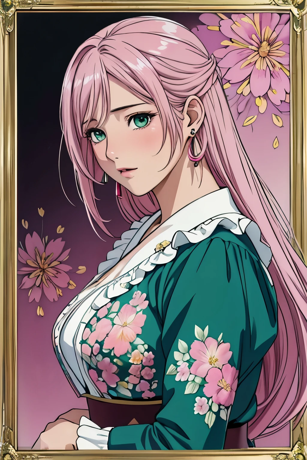 (​masterpiece, top-quality, top-quality, Official art, Beautifully Aesthetic:1.2), green eyes, (highest quality, masterpiece painting:1.3), immature woman, , (half body shot), masterpiece, ultra high resolution, (((Flower frame, A lot of flowers in the frame, round frame, A beautiful girl fits into the frame))), Decorative panel, abstract art, (shot from a side angle), (Photoreal:1.0), ((light pink hair)),straight hair, beautiful shining hair, white and shining skin, Painterly, sketch, Texture, 超A high resolution, solo, Beautuful Women, A highly detailed, (Fractal Art:1.1), (colourfull:1.1), (florals:1.6), The most detailed, (Zentangle:1.2), (Dynamic Poses), (Abstract background:1.3), (shinny skin), (Many colors:0.8), (earrings:1.4), (pluma:0.9), Taisho romance