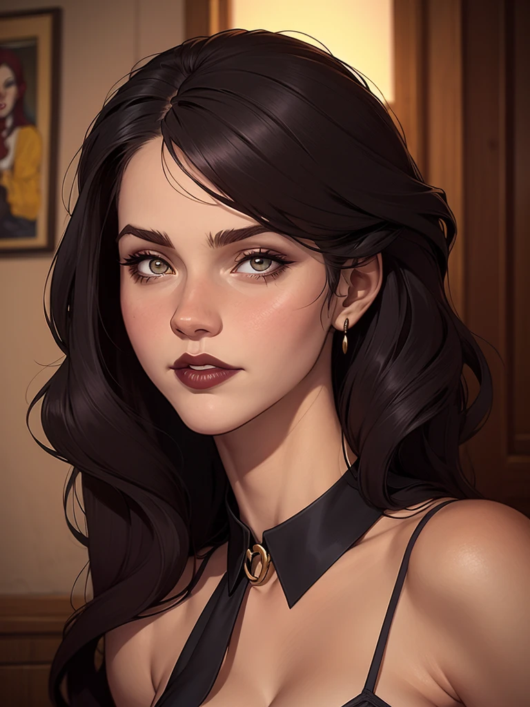 A closeup of a woman in a black top and a black bra, estilo de arte de charlie bowater, Estilo Charlie Bowater, retrato de vampiro, arte do personagem charlie bowater, Alena Aenami e Artgerm, Neoartcore e Charlie Bowater, Charlie Bowater cores ricas e profundas, lazy art style, Artgerm e Tom Bagshawum close de uma mulher com longos cabelos pretos e um colar, amoranto, Bela Delfina, mais conhecido como amoranto, Kailee Mandel, cabelo preto e olhos grandes, profile picture with headshot, jovem linda amoranto, pale and glowing skin, retrato de alta qualidade, com cabelos longos e olhos penetrantes, skin pale as ivory, Sydney Hanson mode white skin tone close-up portrait cartoon style GTA style digital illustration of a woman in a black dress and black hair, linda rainha vampira, linda rainha feminina vampira, gothic maiden, very beautiful gothic top model, beautiful vampira feminina, goth girl, goth girl, gothic maiden of the dark, Gothic style, gothic woman, gothic clothes, gothic outfit, moda vampiro, vampira feminina, wearing a gothic dress Close-up of a woman with long hair and a sweater, cabelo castanho encaracolado, linda modelo, retrato de alta qualidade, medium portrait soft light, parece a jovem liv tyler, retrato colorido, linda mulher, cabelo loiro cacheado | d & d, beautiful portrait lighting, uma linda jovem, modelo muito lindo, Retrato de 50mm, medium to long brown curly hair, close-up of a person wearing tie and sweater;, Hermione Granger, inspirado em Hermione Hammond, hermione, Emma Watson como Hermione Granger, Ema!! watson!!, Emma Watson como Harry Potter, Emma Watson is no Dryad, Emma Watson, portrait foto de Emma Watson, foto de Emma Watson, still do filme de emma watson, with the face of Emma Watson a cartoon of a woman in a bikini and panties, CO Commission, high resolution commission, realistic bikini, garota anime sedutora, nico robin, artgerm extremamente detalhado, fofosexyrobutts