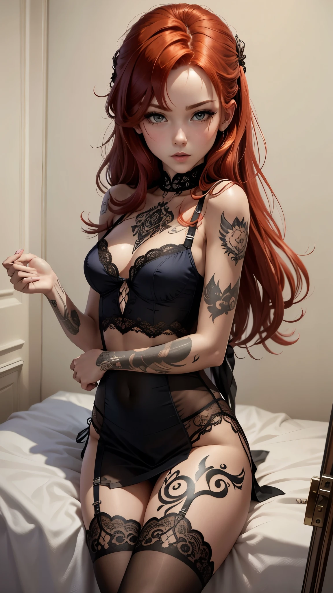 redhead sitting, , tattoo on arms, flat chest, cute lingerie, sensual