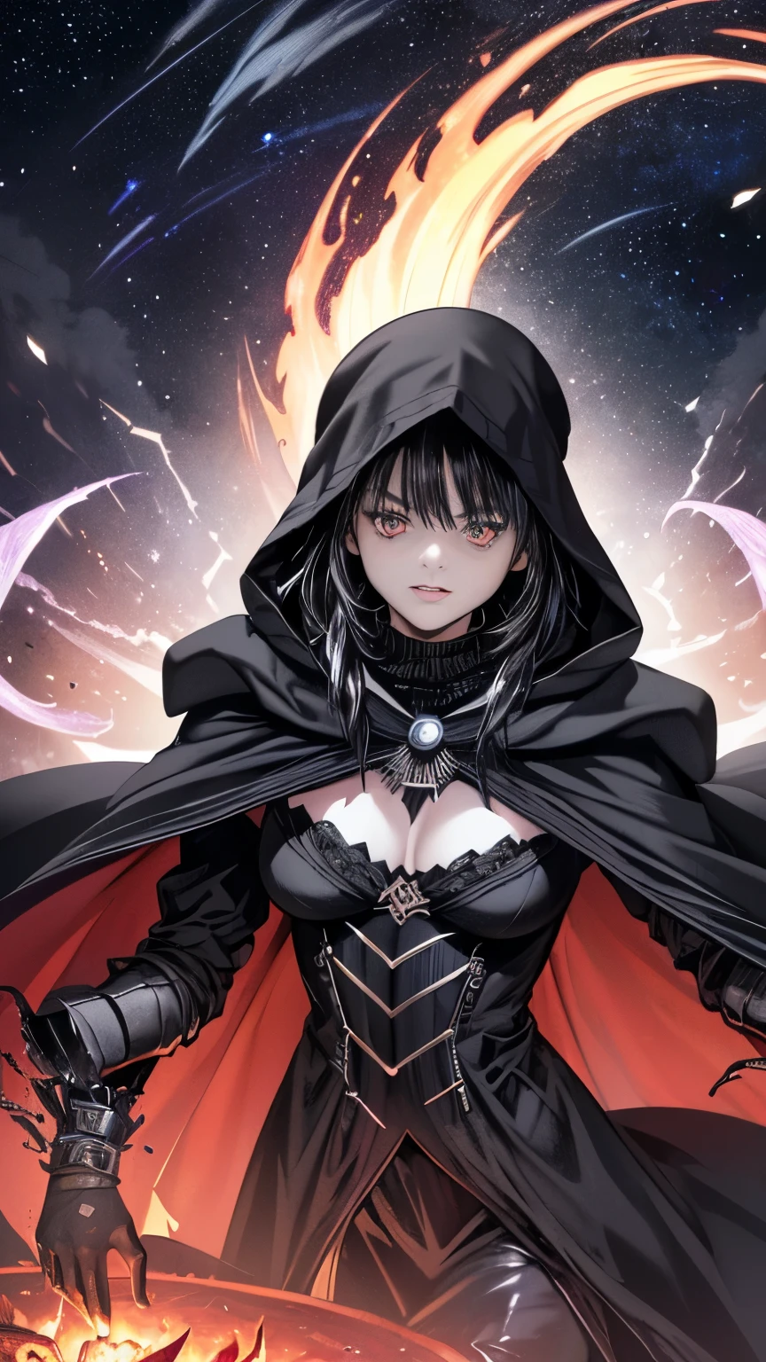 (Fatal Beauty,A charming villain,witch) ,(A supple and powerful physique),(Sensual charm),(Mysterious charm:1.1),(Captivating silhouette),(highest quality,High resolution:1.2),(dark,Threatening:1.1),((dark horror theme:1.5),(Thriller:1.5)),(Dark fantasy:1.5),  (((Countless stars fly away:1.5),(Absurd:1.5),(wonderful:1.5))),Woman in a dress, ((((Glasses))))、((((big sapphire necklace))))、(Powerful numbers:1.1),(((Big Breasts))),(((Fiery crown:1.1))),prime color,Urban,Very detailed,masterpiece,Intricate details,Faded,Very detailed, Eye on the details,Intricate details,Dark and spooky atmosphere,  spiritual being, Unforgettably beautiful, Ghostly figures, Shadow-like shape, Spooky whispers, Ominous Aura, Goth Maiden, Very darkHer eyes, Like dazzling fur in a starless haze,Her Mogul Snaps, Mysterious Cemetery,Black hair swaying in the moonlight, She summons darkness, (beautiful: 1.7), (Black Hat: 1.6), (An intricately decorated jet-black cloak: 1.6), (Delicately decorated cloak, Despite being damaged: 1.5), Hypermaximalist,  Breathtaking oil paintings, Surreal, Ultra-realistic digital illustrations that mimic the style of oil paintings, Seamlessly blending the psychedelic visionary art of Alex Grey with the physical-mechanical aesthetic of H.R. Giger. Wonderful configuration,  (Shining Eyes:1.6)、(Glowing Eyes:1.1),(hellish landscape:1.1),(fire,sulfur:1.1),(Threatening atmosphere:1.1),(dark shadows,Threatening presence:1.1),(Unlucky Clouds,Stormy Skies:1.1),(dark,Spooky atmosphere:1.1),(Aura of misfortune,Evil energy:1.1),(dark aura,cigarette:1.1),(Extreme heat,Burning Flames:1.1),(Nightmare Visions:1.1),(Predicting the end:1.1),(Whispers of misfortune,Devilish Laugh:1.1),(Cries of pain,echoing screams:1.1),(Bad luck symbol,Ancient runes:1.1),(Mysterious Relic,dark art ifacts:1.1),(Infernal Ritual,Ritual sacrifice:1.1),(Eternal Ruin,A hopeless existence:1.1),  Inspired by abandoned mech backgrounds. Art created by Craig Mullins, Necrostyle., Detailed Description, Futurist