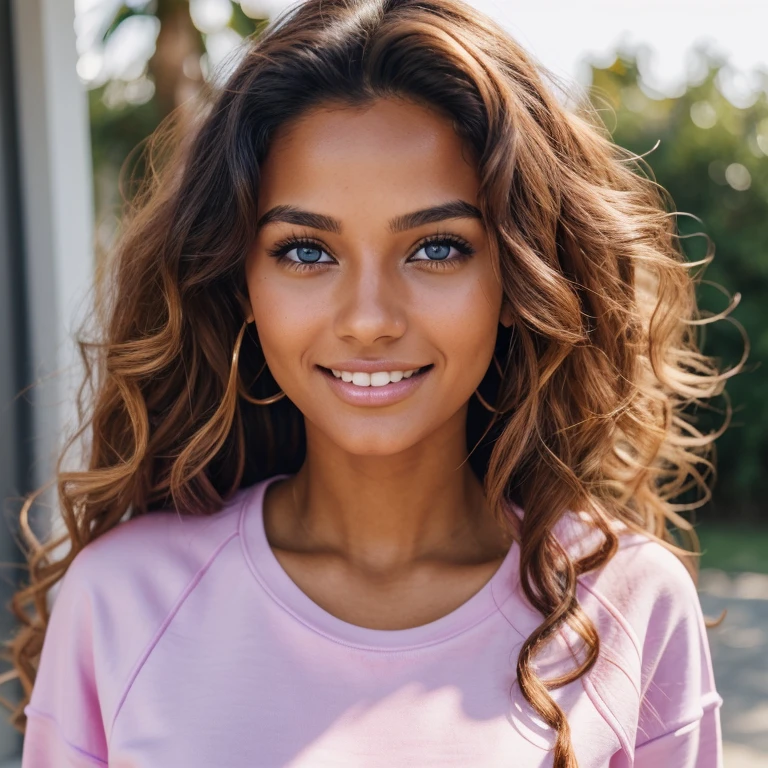 women, 25 years old, tanned-like skin, curly long hair, blue eyes, wearing a pink shirt, wearing white sweatshirt, with grillz