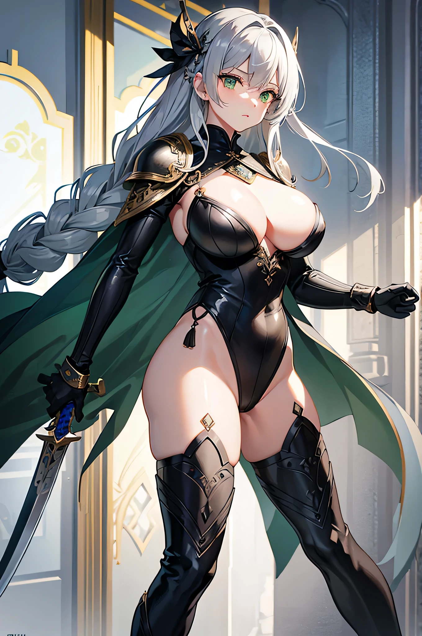 4k,High resolution,One Woman,Grey Hair,long hair,Braid,Green Eyes,Big Breasts,knight,Black high leg leotard armor,Black boots,Black gloves,Jewelry decoration,Big Japan sword,Medieval village