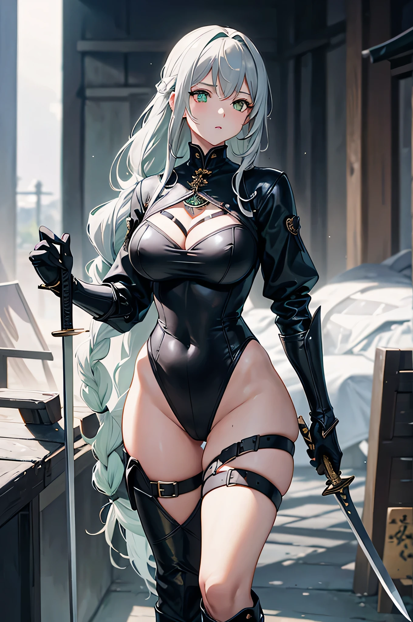 4k,High resolution,One Woman,Grey Hair,long hair,Braid,Green Eyes,Big Breasts,knight,Black high leg leotard armor,Black boots,Black gloves,Jewelry decoration,Big Japan sword,Medieval village