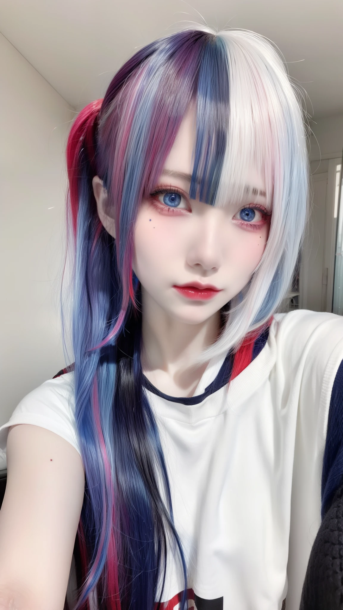 masterpiece, best quality, highly detailed,1girl,indoors, adult, split-color hair, red and blue hair, hair over eye, clothes, blue eyes