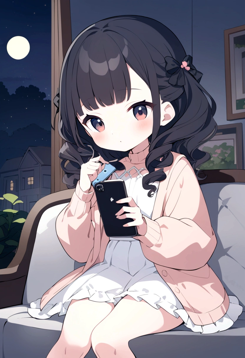 Are you a professional illustrator? Please draw a stylish and cute anime scene for a YouTube video. A girl with curly black hair in cute clothes is sitting on the sofa playing with her hair. She is holding a smartphone in her other hand. The living room at night. Please draw the girl's fingers in the main part.