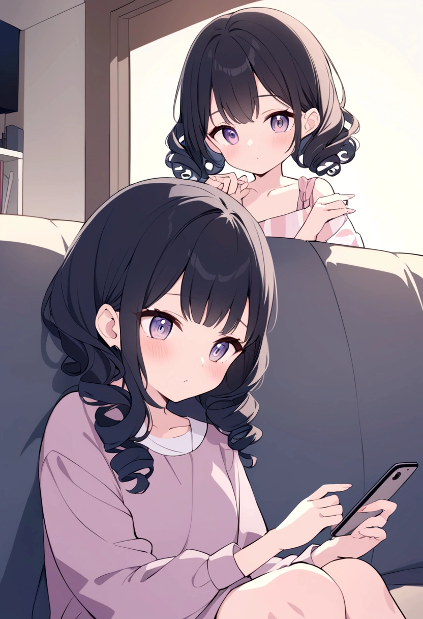 Are you a professional illustrator? Please draw a stylish and cute anime scene for a YouTube video. A girl with curly black hair in cute clothes is sitting on the sofa playing with her hair. She is holding a smartphone in her other hand. The living room at night. Please draw the girl's fingers in the main part.