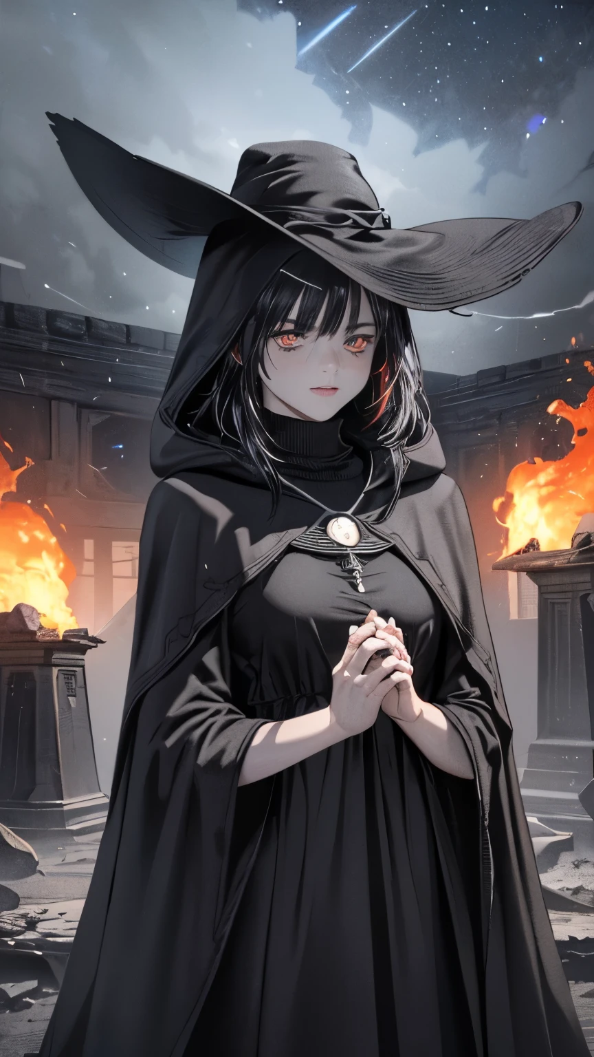 (Fatal Beauty,A charming villain,witch) ,(A supple and powerful physique),(Sensual charm),(Mysterious charm:1.1),(Captivating silhouette),(highest quality,High resolution:1.2),(dark,Threatening:1.1),((dark horror theme:1.5),(Thriller:1.5)),(Dark fantasy:1.5), (((Countless stars fly away:1.5),(Absurd:1.5),(wonderful:1.5))),Woman in a dress, ((((Glasses))))、((((big sapphire necklace))))、(Powerful numbers:1.1),(((Big Breasts))),(((Fiery crown:1.1))),prime color,Urban,Very detailed,masterpiece,Intricate details,Faded,Very detailed, Eye on the details,Intricate details,Dark and spooky atmosphere, spiritual being, Unforgettably beautiful, Ghostly figures, Shadow-like shape, Spooky whispers, Ominous Aura, Goth Maiden, Very darkHer eyes, Like dazzling fur in a starless haze,Her Mogul Snaps, Mysterious Cemetery,Black hair swaying in the moonlight, She summons darkness, (beautiful: 1.7), (Black Hat: 1.6), (An intricately decorated jet-black cloak: 1.6), (Delicately decorated cloak, Despite being damaged: 1.5), Hypermaximalist, Breathtaking oil paintings, Surreal, Ultra-realistic digital illustrations that mimic the style of oil paintings, Seamlessly blending the psychedelic visionary art of Alex Grey with the physical-mechanical aesthetic of H.R. Giger. Wonderful configuration, (Shining Eyes:1.6)、(Glowing Eyes:1.1),(hellish landscape:1.1),(fire,sulfur:1.1),(Threatening atmosphere:1.1),(dark shadows,Threatening presence:1.1),(Unlucky Clouds,Stormy Skies:1.1),(dark,Spooky atmosphere:1.1),(Aura of misfortune,Evil energy:1.1),(dark aura,cigarette:1.1),(Extreme heat,Burning Flames:1.1),(Nightmare Visions:1.1),(Predicting the end:1.1),(Whispers of misfortune,Devilish Laugh:1.1),(Cries of pain,echoing screams:1.1),(Bad luck symbol,Ancient runes:1.1),(Mysterious Relic,dark art ifacts:1.1),(Infernal Ritual,Ritual sacrifice:1.1),(Eternal Ruin,A hopeless existence:1.1), Inspired by abandoned mech backgrounds. Art created by Craig Mullins, Necrostyle., Detailed Description, Futurist