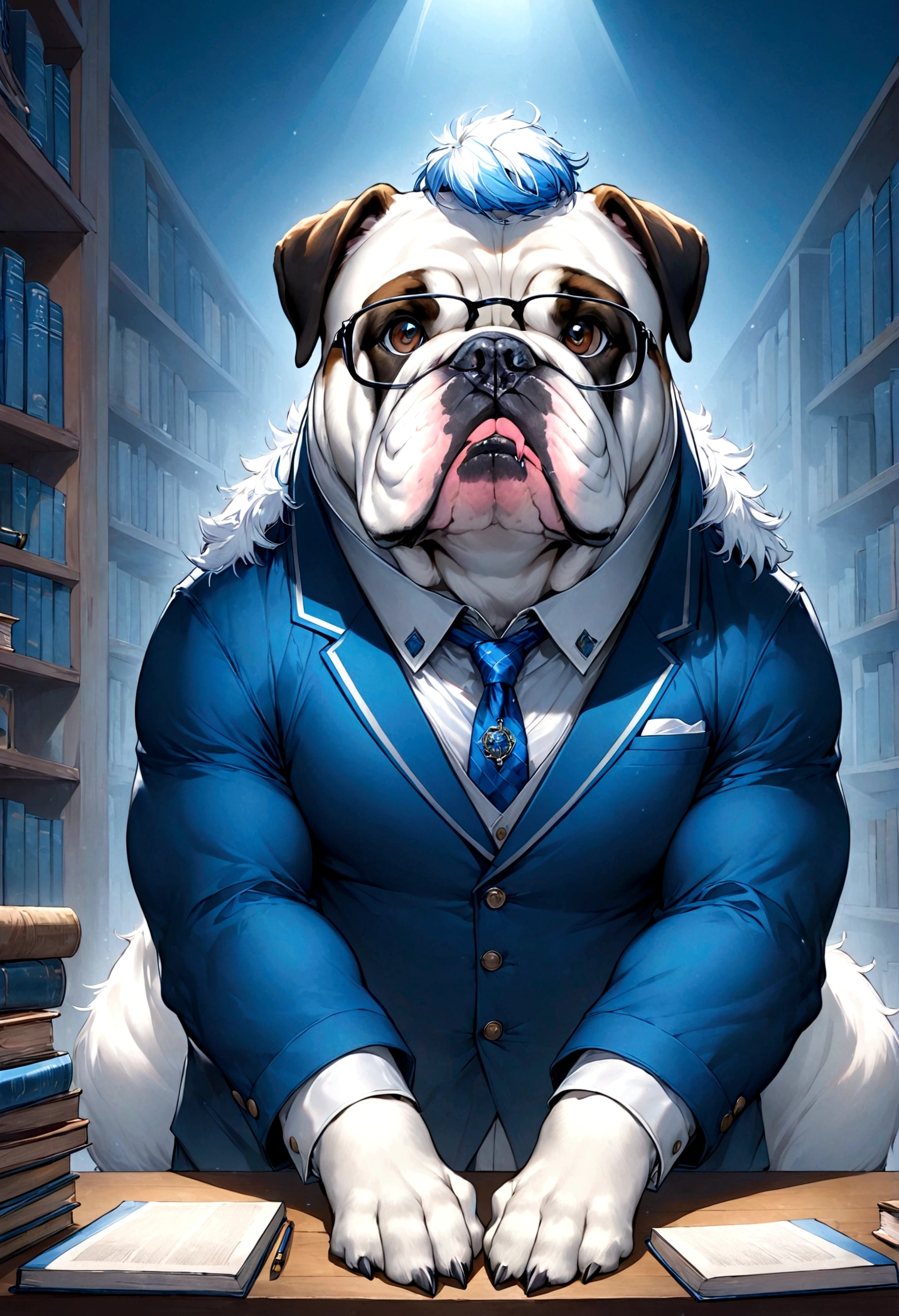 Create an image of a dog symbolizing the traits of a logistician (ISTJ). The dog should be a Bulldog, known for its reliable and steadfast nature. The dog should have a calm and composed expression, wearing a pair of glasses to emphasize its intellectual and practical qualities. It should appear in a setting that emphasizes order and tradition, such as sitting in a well-organized room with clear hierarchies, or surrounded by elements that suggest stability and reliability, like neatly stacked books or a traditional home environment. The primary theme color should be blue, with the dog's fur or background featuring various shades of blue to highlight its dependable and practical nature. The overall atmosphere should reflect the dog's dedication, honesty, and respect for tradition, capturing the essence of a steadfast and influential personality type.