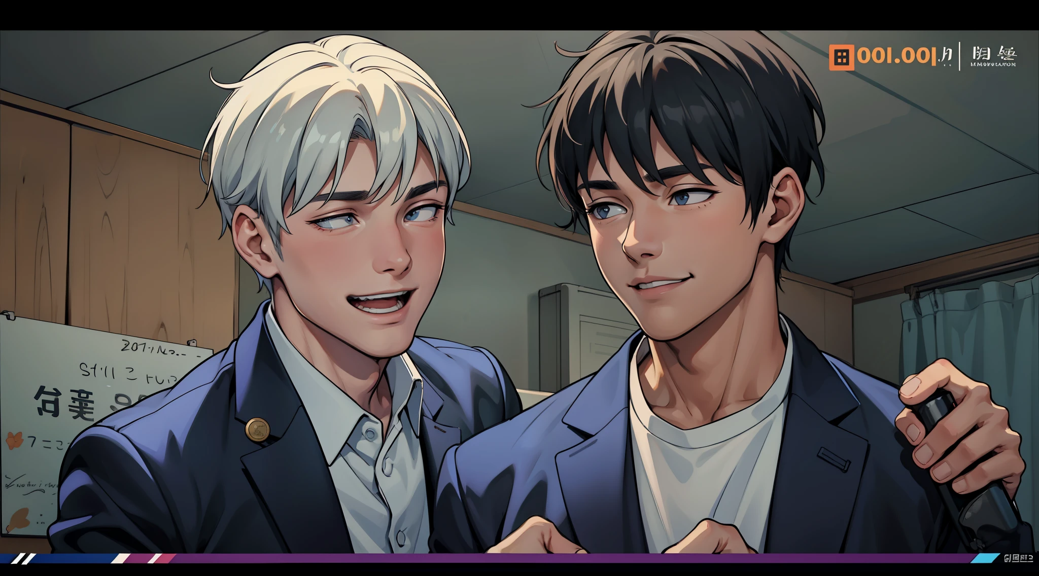 There are two handsome 18-year-old men, one of them is smiling, the other is worried and afraid.