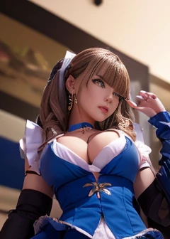 masterpiece, highest quality, High resolution, Show more1, tiara, Sailor Warrior Uniform, Blue sailor collar, bow, Knee Boots, choker, White gloves, blue choker, elbow gloves, jewelry, Earrings, Blue Skirt, (Underbust:1.3), Big Breasts, belly button, Cowboy Shot, Embarrassing, Crotchless T-back, Crotchless panties, Under the skirt, From below, Camel Toe, erotic, Surrounded by machines and big screens, technical background.