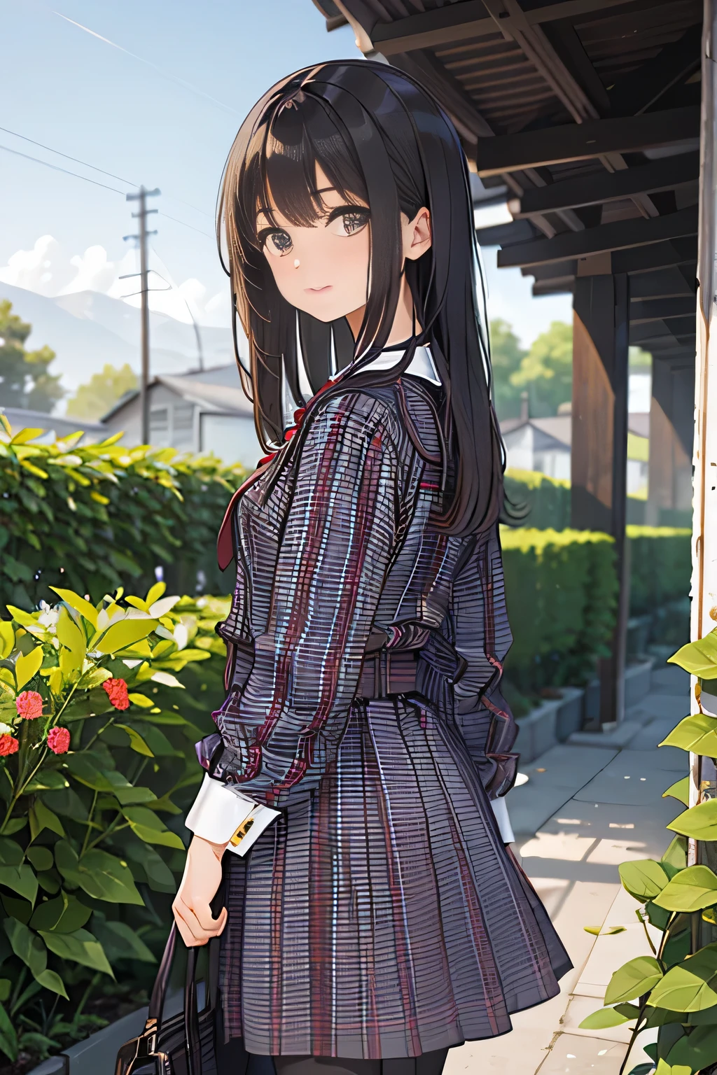 masterpiece, best quality, 1girl, nogizaka_costume, cowboy shot, thighs, beautiful girl, (flowers, many small petals, garden, blue sky), looking at viewer, small waist, official art, raw photo, incredibly absurdres, facelight, dynamic lighting, cinematic lighting, ultra realistic, highres, photography, sharp focus, highest detailed, extreme detailed, ultra detailed, finely detail, extremely detailed eyes and face