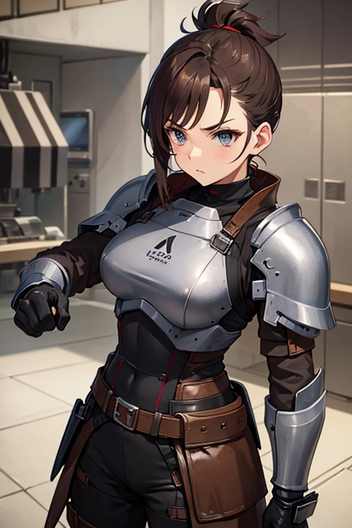 Brown mohawk hair, blue eyes, bad batch black and red colored clone armor, buff, fit with equipment, woman