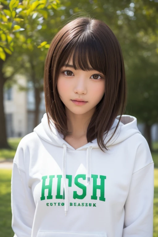 one girl, (a beauty girl, delicate girl:1.3), (:1.3),
break, (hoodie, white hoodie:1.2),
break, Very fine grain definition, (Symmetrical eyes:1.3),
break, (Lush green park:1.3),
break, Small breasts, Brown eyes, Parted bangs, Brown Hair, girl,
break, (Eye and facial details:1.0),
break, (masterpiece, highest quality, Super detailed, Detailed face, 8k)