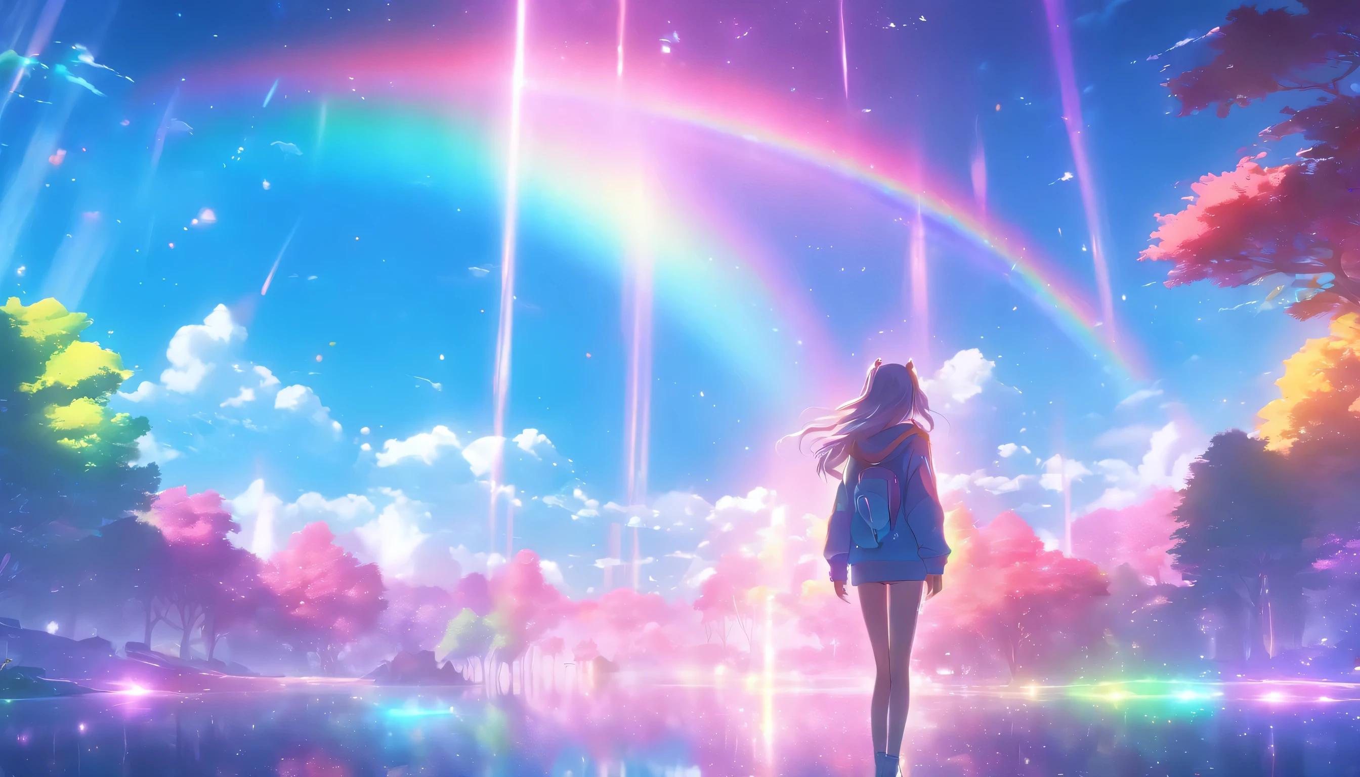 (((Beautiful tree々)))、((A large, shining sea of trees))、Super beautiful light、((Colorful light))、(A magnificent view of nature)、(((A spectacular natural backdrop)))8k,((cinematic light and shadow))、Countless lights、Transparent Prism、(((A scene from a movie)))、((Dazzling sunlight))、(((Rainbow light)))、((There are many different colors mixed together.))、((blue sky))、(((Ultra-realistic CG)))、Reflective Landscape、(((A small rainbow-shining figure)))、(Full body woman)、((hoodie))、(((Long legs)))、((skinny pants))((Wearing shiny futuristic headphones))、(((A small person standing in the distance)))、((Fashion Model))、((Long hair on one side))、sexy