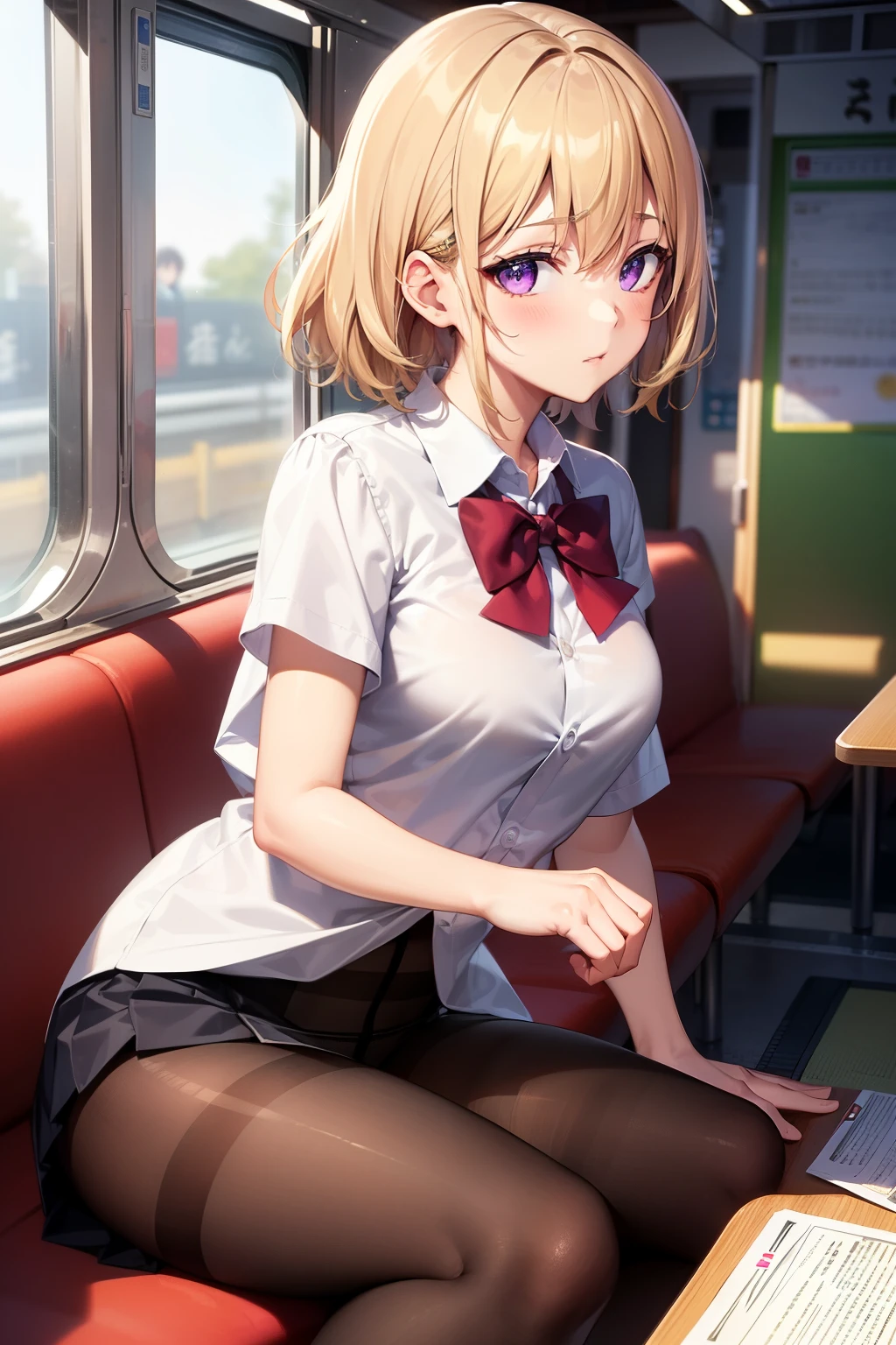 (Tabletop, highest quality, Super detailed), One Girl, Purple eyes, Blonde Hair, Dark Skin, Short Hair、Perm Hair、((Japanese school uniform))、((pantyhose))、(on the train)、(mini skirt)、Black Panties、((Black Bra))、sit