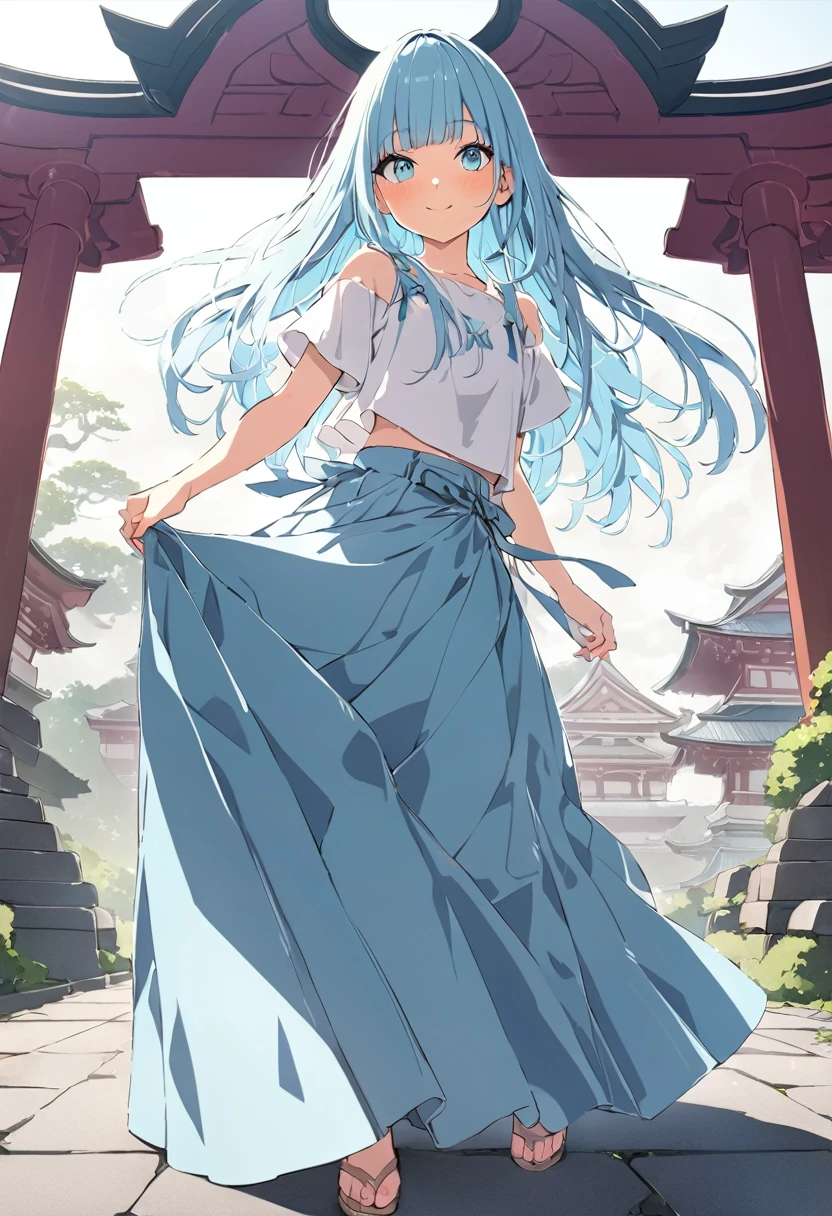 masterpiece, best quality, extremely detailed, (illustration, official art: 1.1), 1 girl, (((light blue long hair))), light blue hair, , long hair ((blush)), cute face, big eyes, masterpiece, best quality, (((a very delicate and beautiful girl)))), amazing, beautiful detailed eyes, blunt bangs, tareme (true beautiful: 1.2), flat chest,(Official art、Best Quality、Unity 8k Wallpapers、32K、masterpiece、ultra-detailliert、超A high resolution、realisitic、Photorealsitic:1.2)、(Cinematic lighting:1.2)、Fireglow effect、film grains、Best Shadows、Rim lighting、side lights、(Ultra-detailed and complex 3D rendering)、Detailed beautiful face and eyes、(Full body:1.2)、(sideshot、Looking away:1.2)、(Mystical)、Highly detailed background、beauitful face、blurry backround、(super detailed skin、detailed skin textures:1.3)、(Fresh greenery、sky、summer landscape:1.2)、cowboy shot、Sharp pupils、shinny skin、beauitful face、blurry backround、shinny skin、、、Smile with open mouth、Maxi skirt with a floral pattern、beauty legs、Knitted tops、sharp focus、(Kinkakuji Temple:1.2)、In the morning fog,(((Long skirt spreads out))),