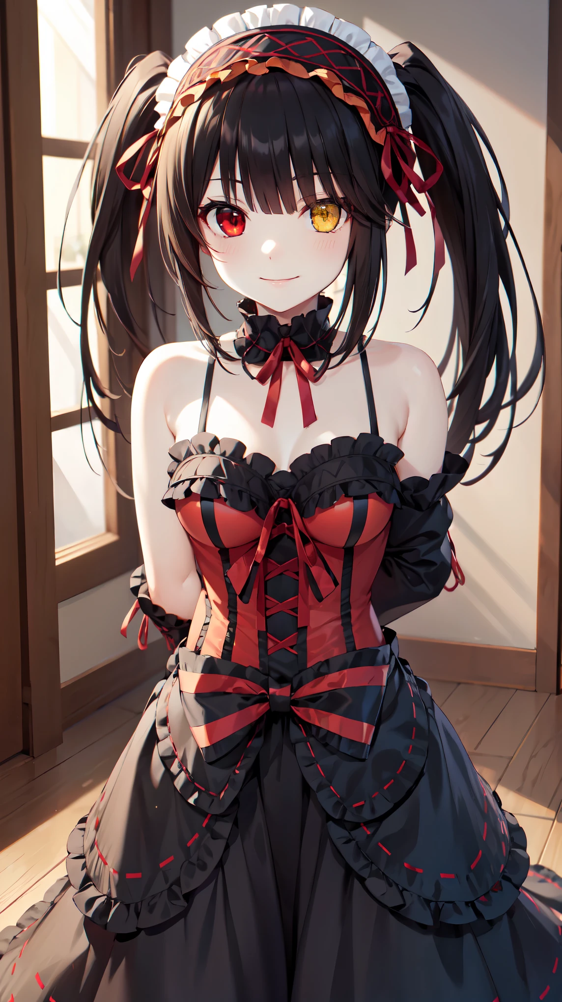 masterpiece, The best quality、street、Put your arms behind your back、Black Hair, Long twin tails bunches, (Yellow eyes:1.2), Heterochromia iridum, (Red Eyes:1.2),Tokisaki Kurumi、Smile,Gothic Lolita Clothing Accessories、victorian maid tiara、Black Ribbon、Shut up、Gothic Lolita Clothing Accessories