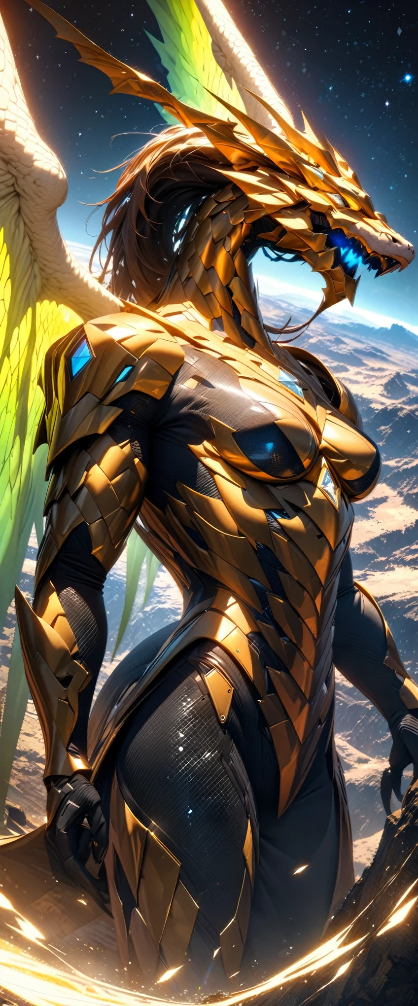 Masterpiece Portrait, Extreme details,, Very detailed, 8K octane, HDR, Super detailed, best quality, best quality, Realistic lighting, Ultra Detailed，A huge dragon，(High-tech diamond-shaped light wings:1.35),[Layers of golden armor｜Complex and gorgeous texture pattern]Fully covered armor，Space Background，（perspective：1.4），Starry sky elements，Iridescent wing membrane,Dungeons & Dragons,western dragon,