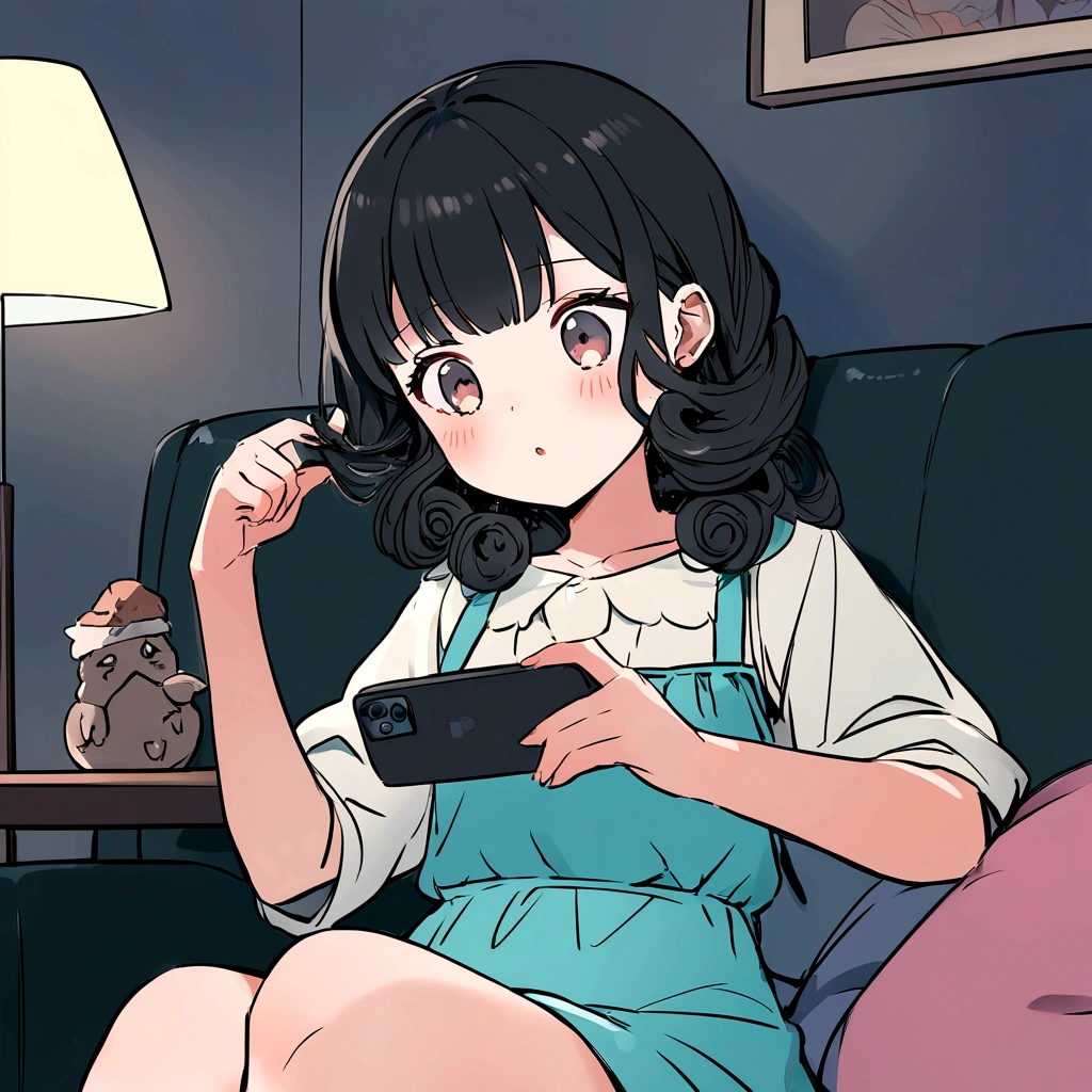 You are a professional illustrator. A stylish and cute anime scene for a YouTube video. A girl with curly black hair in cute clothes is sitting on the sofa playing with her hair. She is holding a smartphone in the other hand. A living room at night. Please draw the girl as the main character, including her fingers.