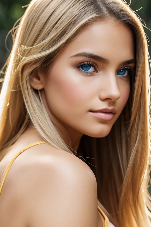 Badashanren esmaga supermodelo venezuelana, cabelo longo, vestido amarelo pastel, apertado, Breve retrato da parte superior do corpo, peito natural grande, hiper-realista, Fundo de quarto feminino muito detalhado,luz solar ,1girl in, age18, Solo, Long hair, , Looking at Viewer, blondehair, Bare shoulders, jewely, Full body, (extremely detailed 8k wallpaper), soft lighting, high quality, film grain, Fujifilm XT3 sharp focus, f 5.6, High Detail, Sharp focus,(natural light), (closeup:1.2), (seductive), off shoulders T-shirt, Realistic, A sexy, cute blue eyes