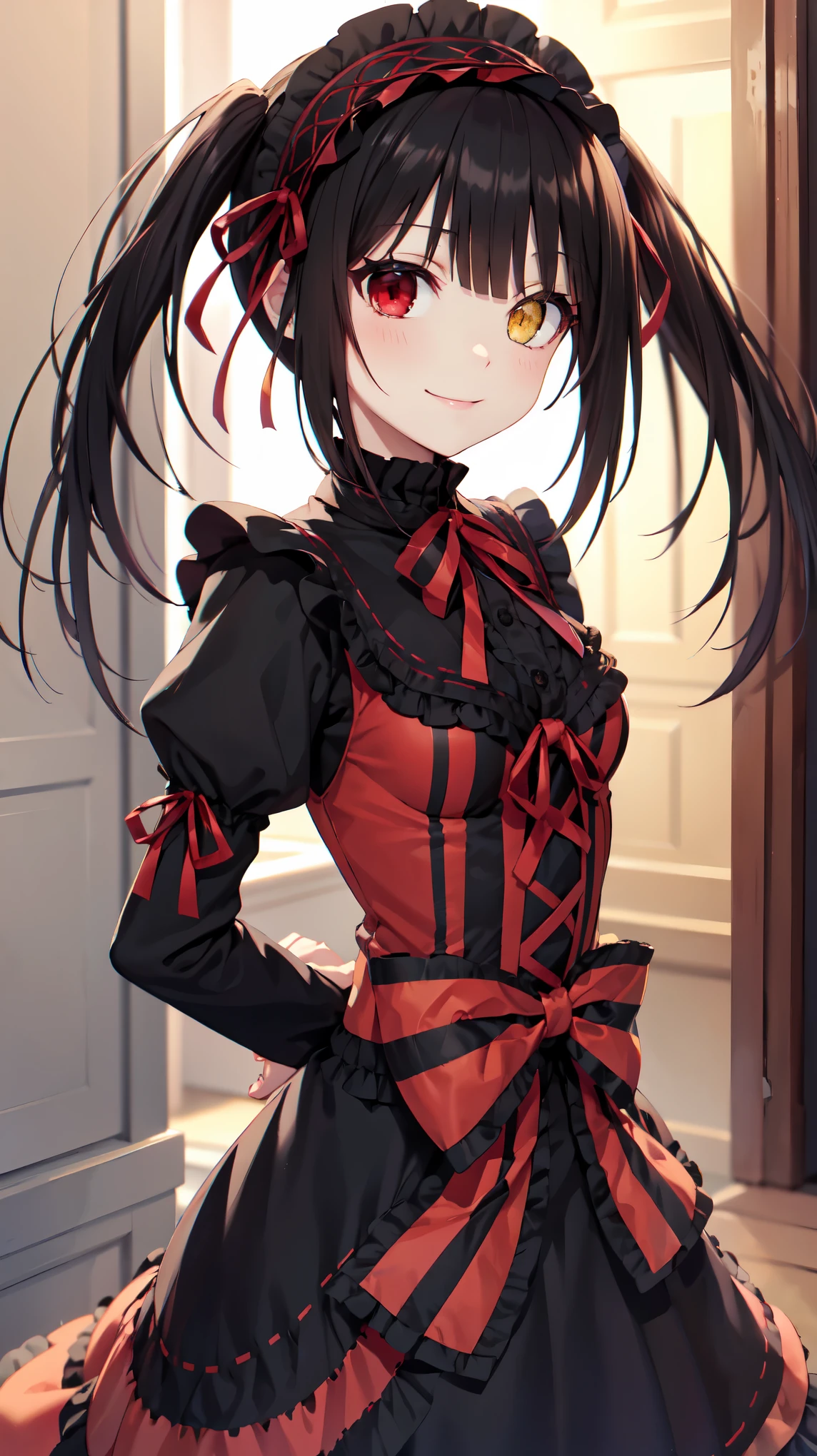 masterpiece, The best quality、street、Put your arms behind your back、Black Hair, Long twin tails bunches, (Yellow eyes:1.2), Heterochromia iridum, (Red Eyes:1.2),Tokisaki Kurumi、Smile,Gothic ta Clothing Accessories、victorian maid tiara、Black Ribbon、Shut up、Gothic Lolilothing Accessories