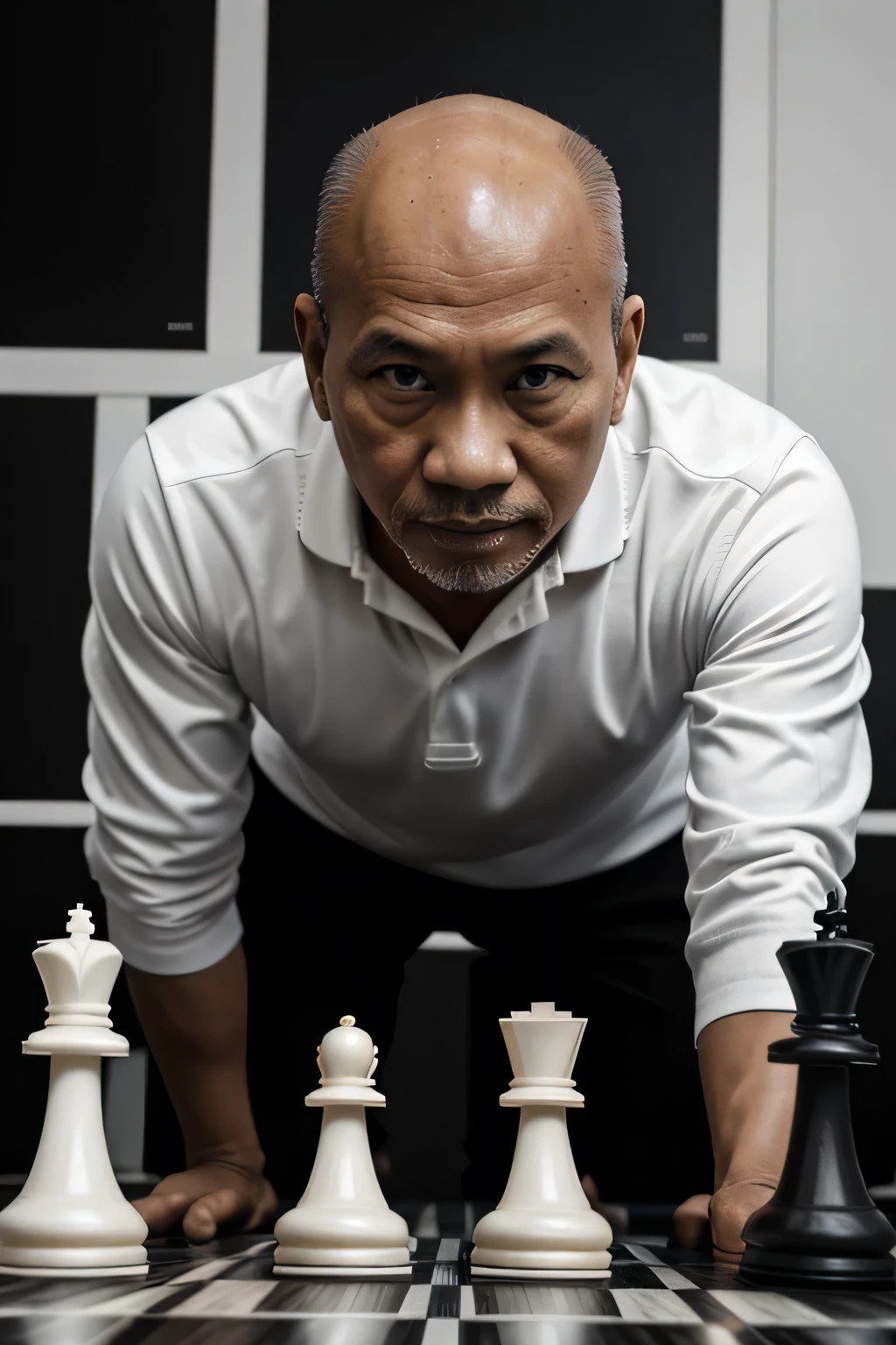 Realistic color true chess scheme. A man of common Indonesian face, 60 years old, bald, slim, wearing casual, facing chessboard at black role. He lifted up a black horse piece to play his turn in a chess championship. Picture was taken with top angle and the board with just a few black and white pieces looks blurred.