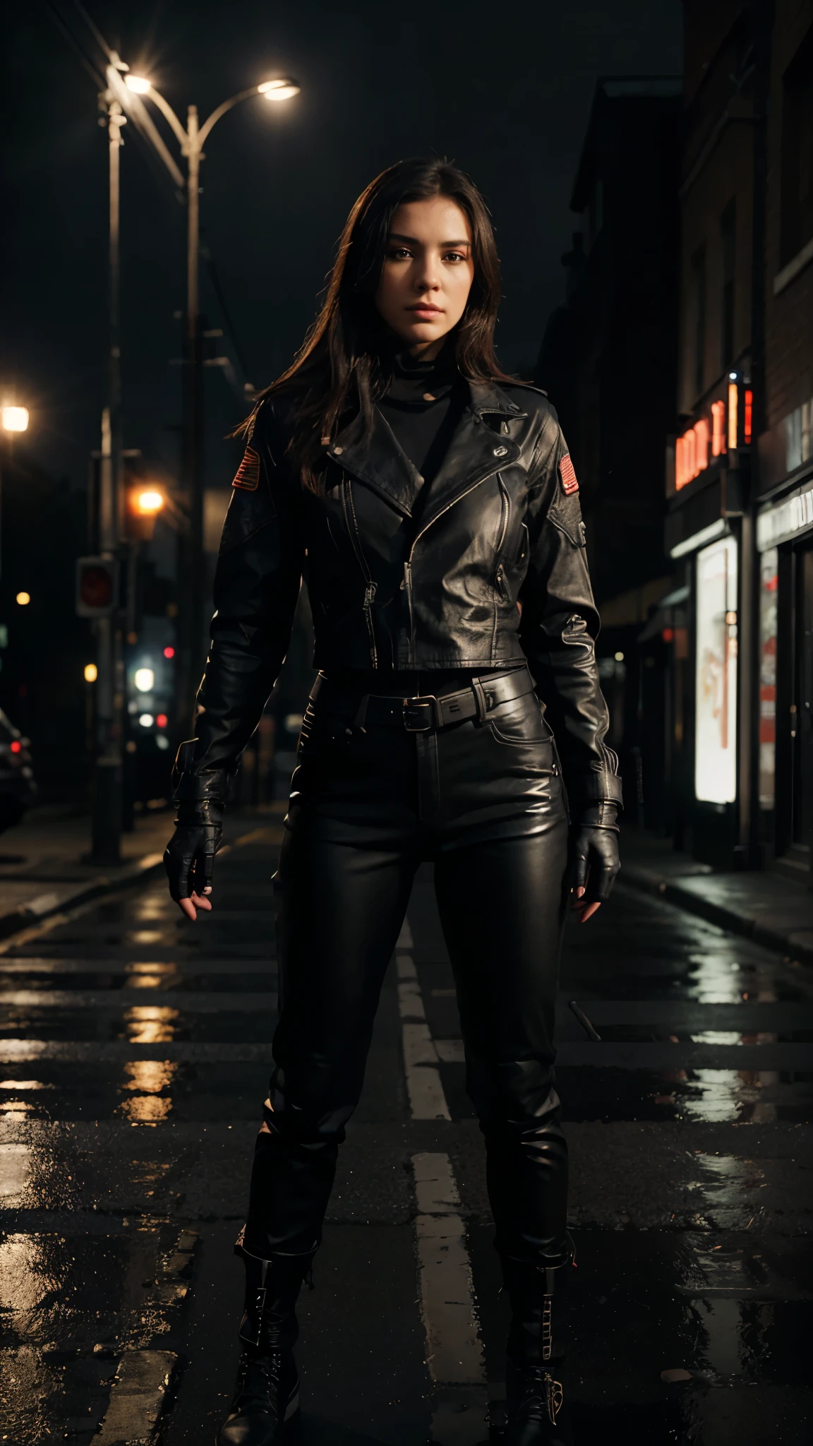 1 girl, Soldier, Hyperrealistic art, Black leather jacket, Black leather pants, Urban, realistic, elegant, leather gloves, hyperrealistic, full body, photography, dynamic lights, HDR, intricate details, hyperdetailed, cinematic, lighting rim, atmospheric hazard, black, Night, red light, Dark Street, unreal engine rain 5, 8K, The image must be in 3:4 portrait format and have a resolution of 1080 x 1350 pixels.