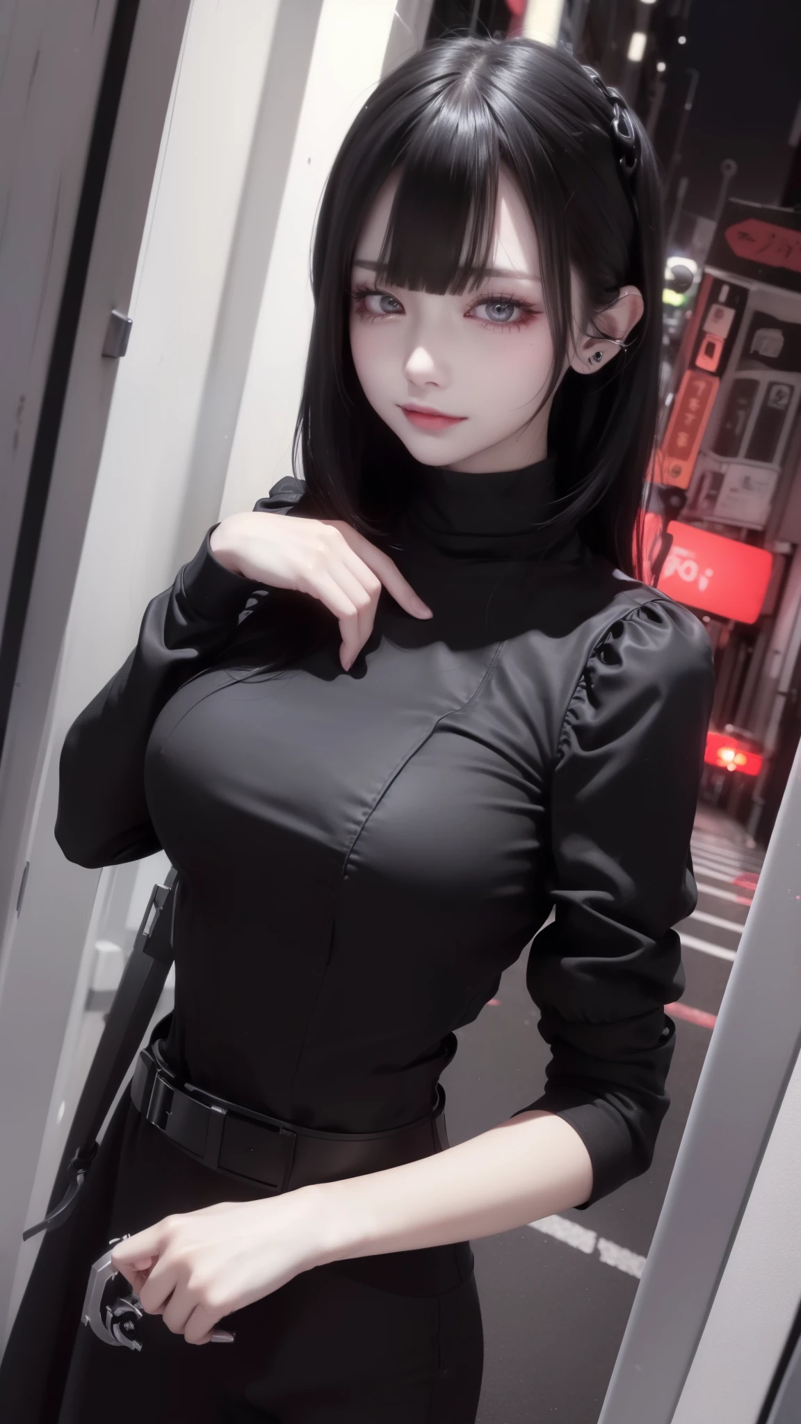 (Safety Sensor、sfw:1.8, Approved as safe、Can be viewed:1.8),masterpiece、masterpiece、highest quality、highest quality、Accurate the human body、Lighting to suit the mood、Accurate、Elaborate、masterpiece、Exquisite facial detail、Detailed Background、Background Blur、Detailed and beautiful background、Accurate 5-finger、Accurate human body、The perfect human body、
break、
(Straight long Black hair、Heavy bangs、White skin、Super big boobs:1.5、nightlife:1.8, night:1.6, Dim lighting:1.8, jirai girl:1.5, jirai makeup:1.2), Open Doorway:1.8、 Side zip off-the-shoulder sweater、No underwear:1.5,Vulgar Grin:1.8, Mesgaquismiles:1.8、Sexually provocative girl:1.8、Downtown at night、Big city、A street corner in the red light district at night、crowd:1.8