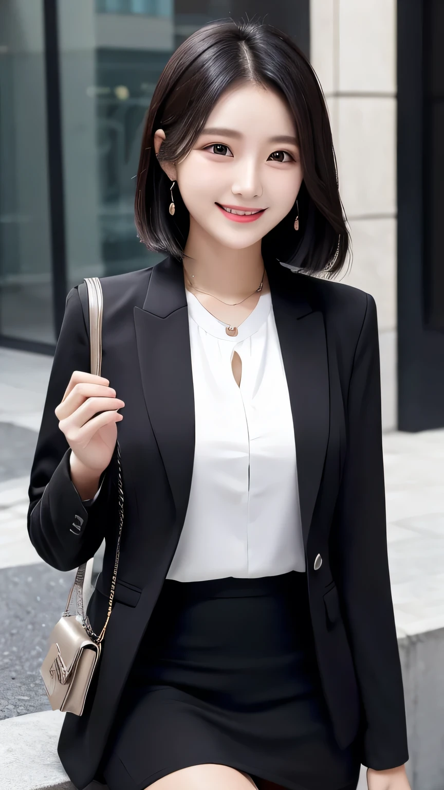 Black Suit22Old woman、Black Hair、smile、White blouse、Tight Skirt、Background office、Black jacket