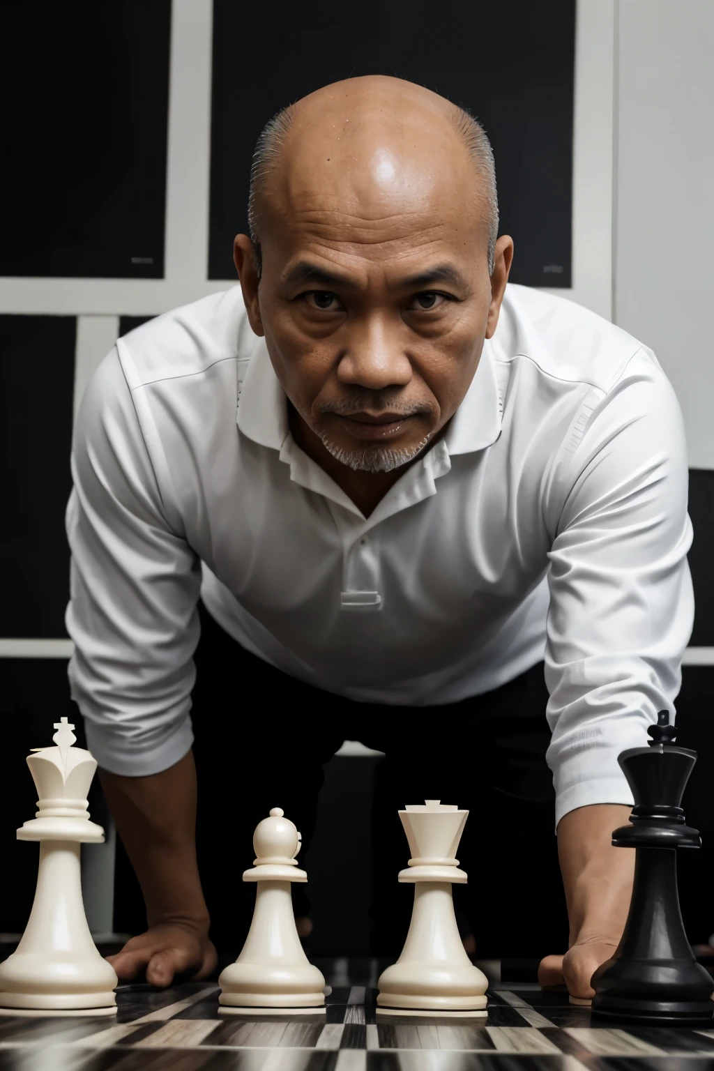 Realistic color true chess scheme. A man of common Indonesian face, 60 years old, bald, slim, wearing casual, facing chessboard at black role. He lifted up a black horse piece to play his turn in a chess championship. Picture was taken with top angle and the board with just a few black and white pieces looks blurred.