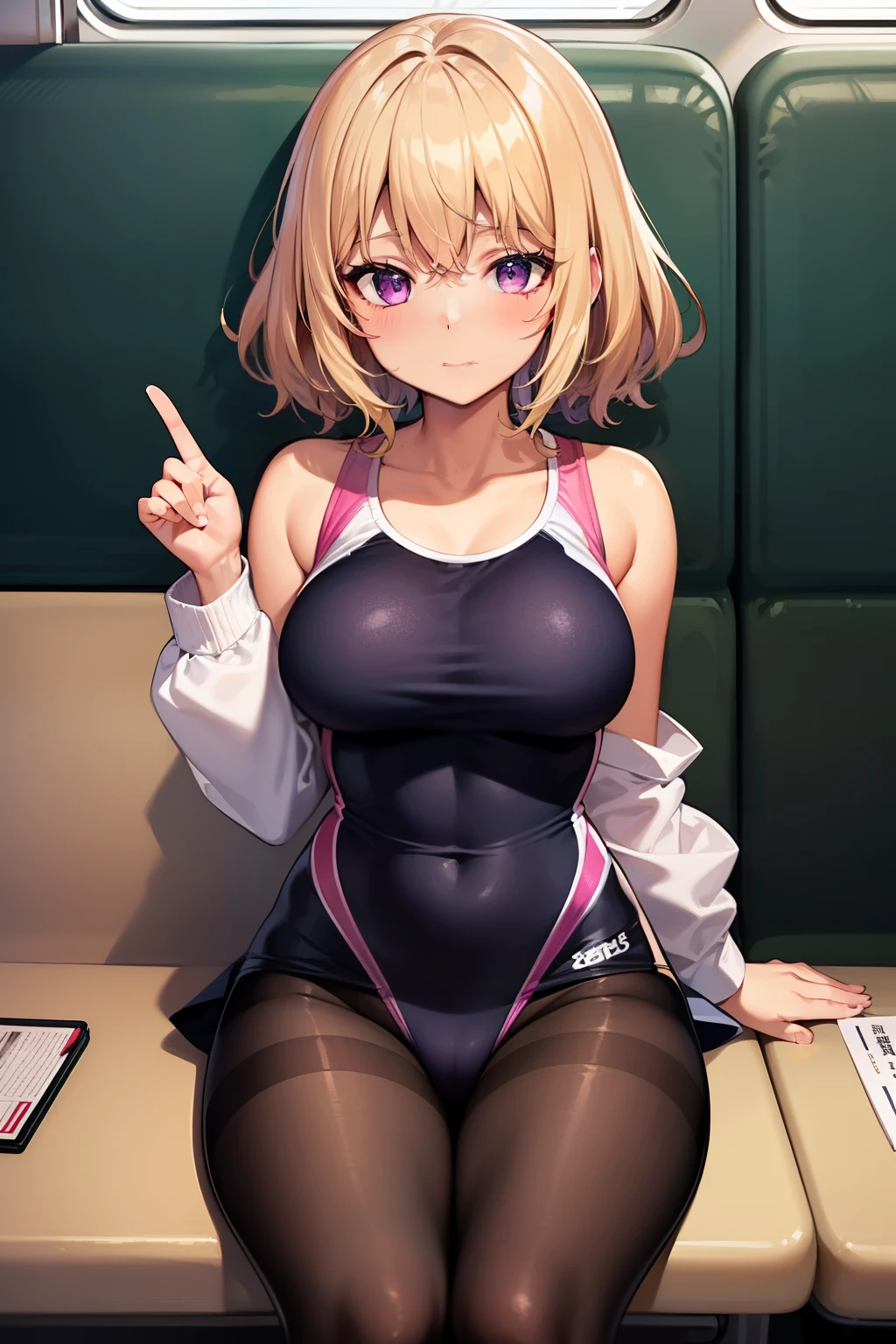 (Tabletop, highest quality, Super detailed), One Girl, Purple eyes, Blonde Hair, Dark Skin, Short Hair、Perm Hair、((Japanese school uniform))、((pantyhose))、(on the train)、(mini skirt)、Black Panties、((Transparent competitive swimsuit))、sit