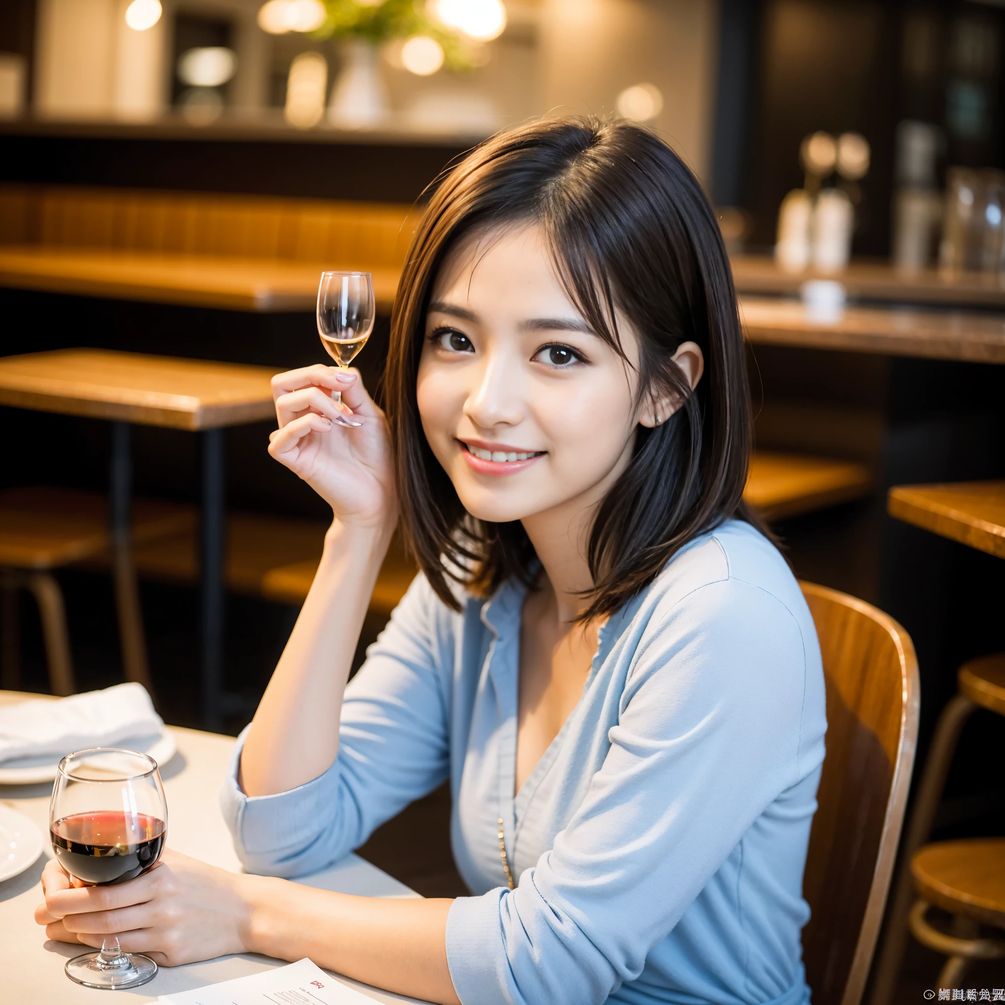 ((highest quality、8k、masterpiece:1.3))、1 male、1 female、石原さとみ似美女Couple、lover、Couple、The body is slim、full-course dinner、テーブルの上のwine glass、Put the light on your face、 Amazing view of the sunset sky and clouds、A bright smile、The wonderfulness of smile、Bright image、 short hair,Bright Face、 (Age 37), "41 years old, red wine 、Appetizers、Italian food、Wine bottle、Champagne、sparkling wine、Two beauties、Brown Hair、Shortcuts、Long sleeve shirt、dress、Pretty Woman 1, (slimな顔), (The body is slim), (Brown Hair), (Shortcuts), cheeks turn a little red,Attractive beauty、restaurant, In a prominent place (From the waist up) Nova Frog Style, actress, model, Upper Body, White wine, slim, wine glass, 中央に置かれたwine glass, smile, (smile: 1.15), Beautiful fine grain, Depth f/2,saturation, High Contrast, Strong light and shadow,Moist Body:1.5、3D texture、Delicate eyes、Brown Hair、The hair is very shiny、