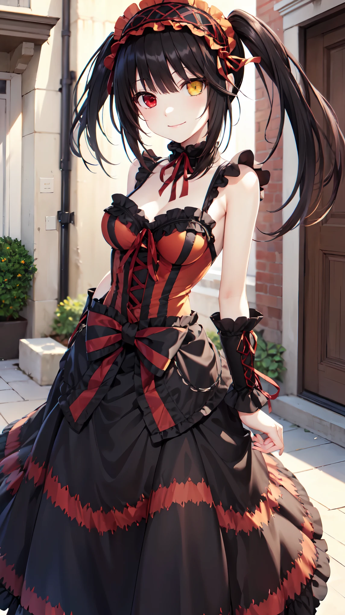 masterpiece, The best quality、street、Put your arms behind your back、Black Hair, Long twin tails bunches, (Yellow eyes:1.2), Heterochromia iridum, (Red Eyes:1.2),Tokisaki Kurumi、Smile,Gothic Lolita Clothing Accessories、victorian maid tiara、Black Ribbon、Shut up、Gothic Lolita Clothing Accessories