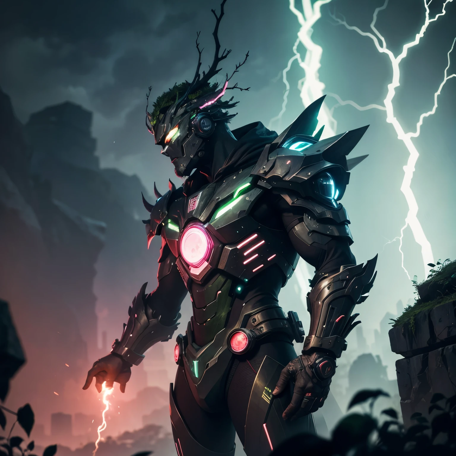 (The king), (Cyberpunk Treeman), metal leaves, wired branches, glowing light eyes, mechanical bark, with moss-covered bark, tribe outfit, (ancient tribal markings), control tendrils extending from the arms, Neon lights dancing on the body, (Lightning around branches and leaves), (peach blossom), Soft and delicate petals, (A harmonious blend of green and pink), (Ominous dark clouds in the sky), Night atmosphere, futuristic, Vivid colors and high-contrast lighting, Dramatic shadows and highlights, (best quality, 4k, 8k, masterpiece: 1.2), ultra fine, (realistic, photo realistic, photo realistic: 1.37)