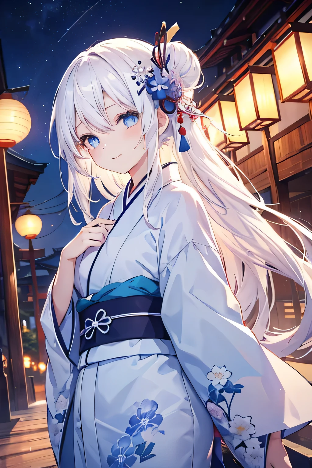 One girl、White Hair、Blue kimono、Medium chest、Anime Style、Blue eyes、night、Japanese style architecture background、Lantern、A little smile、Looking to the side、Long Hair、big flower hair ornament