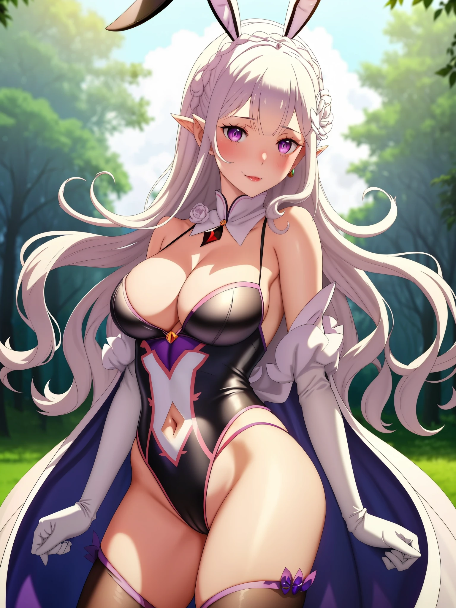 Emilia re:zero, purple eyes, Emilia, crown braid, x hair ornament, flower hair ornament, white hair, long hair, medium breasts, 1girl, defCorrin, black hairband, pointy ears, red eyes ,lipstick, blue eye shadow, solo, perfect breasts, earrings glossy lips ,looking at viewer, blush, large breasts, nature, pond, trees, park, long white elbow satin gloves, holding, animal ears, cleavage, bare shoulders, jewelry, very l, gentle smile, pantyhose, earrings, fake rabbit ears, blue leotard, fake animal ears bunny, long white elbow gloves, white gloves, cowboy shot, sexy poses, navel, midriff cutout, exposed midriff,