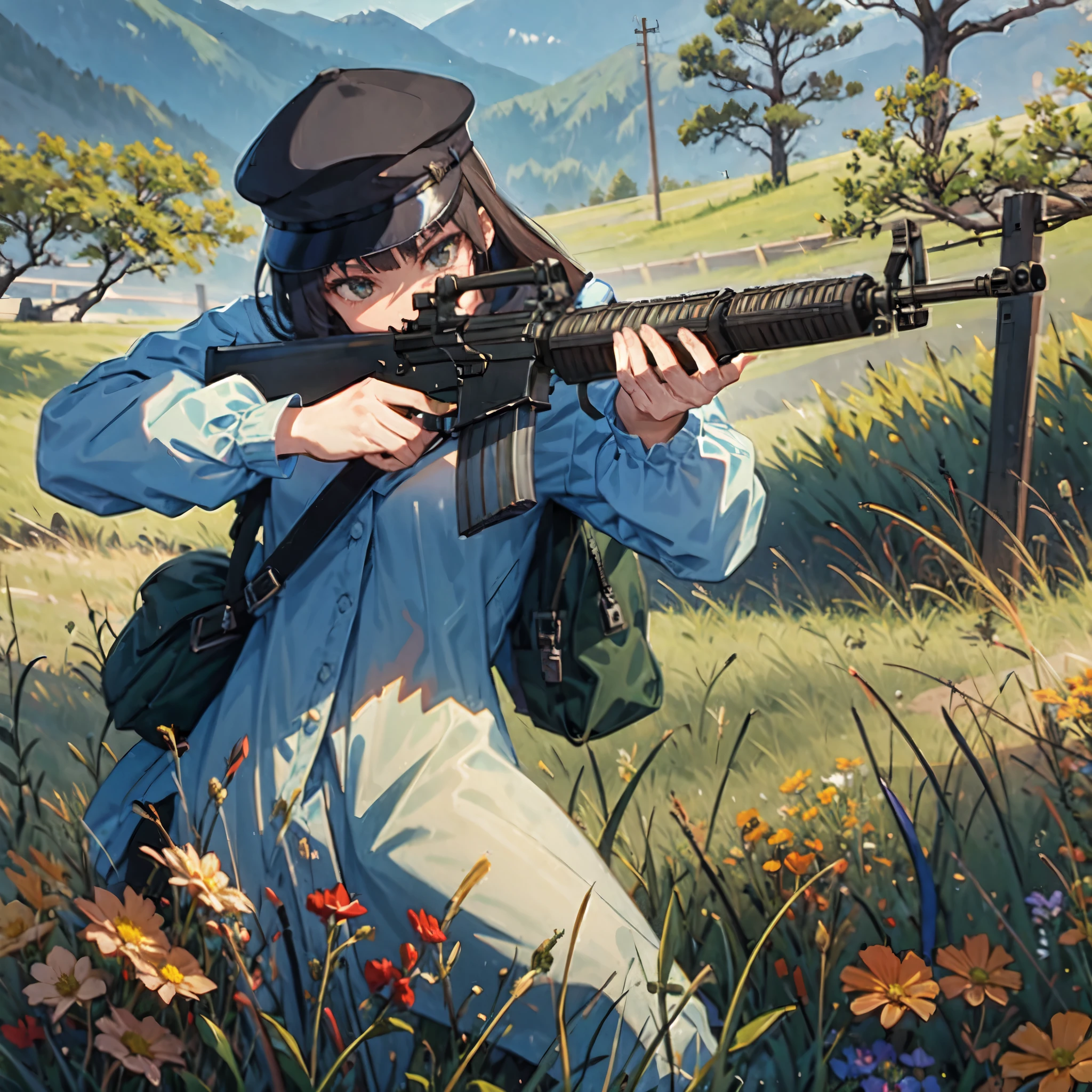 (masterpiece, best quality:1.2), solo, 1girl, using an m16a2