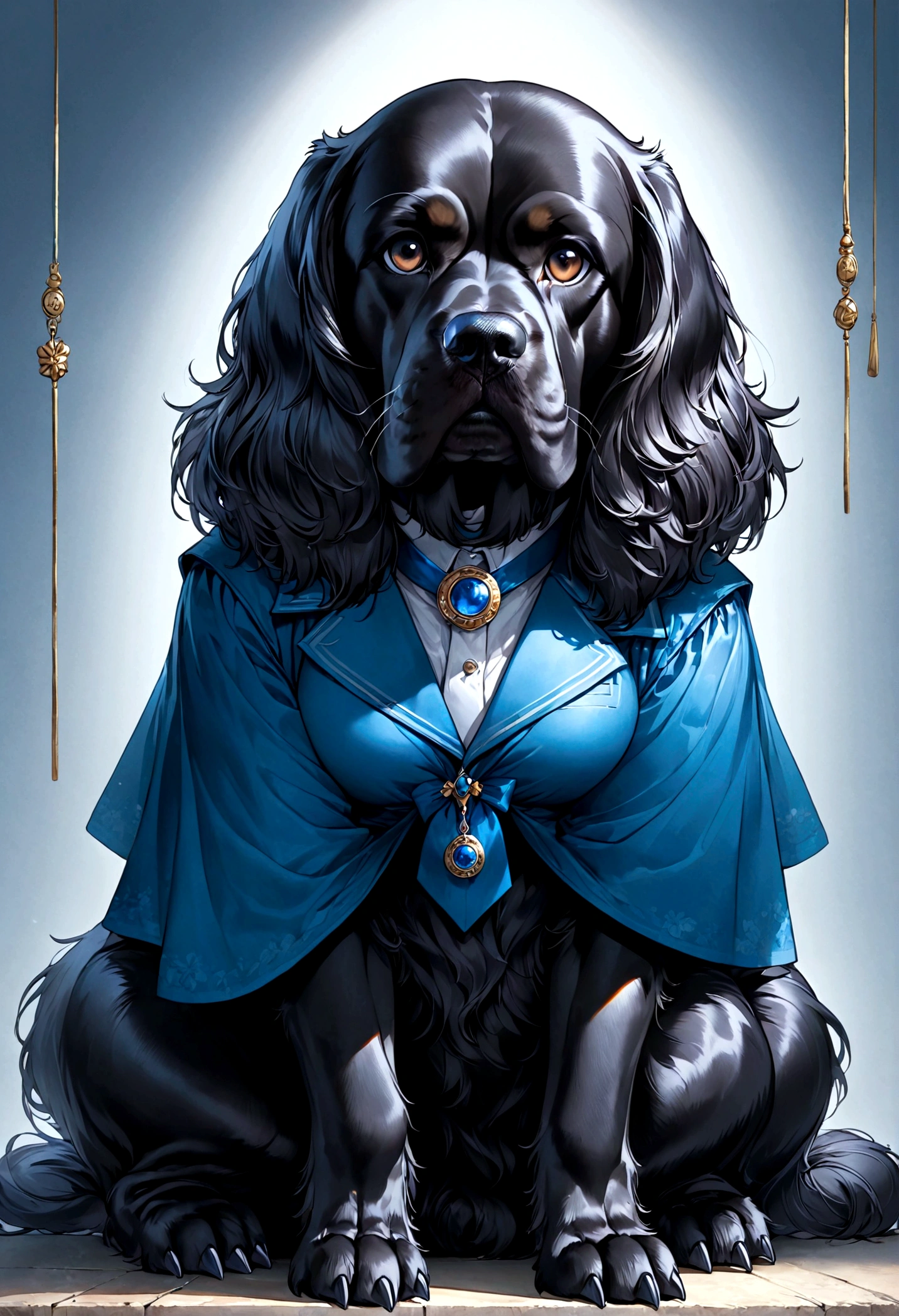 Create an image of a dog symbolizing the traits of a defender (ISFJ). The dog should be a Cocker Spaniel, known for its loyal and caring nature. The dog should have a warm and thoughtful expression, reflecting its dedication and responsibility towards others. It should appear in a setting that emphasizes support and attentiveness, such as comforting another animal, remembering special occasions, or maintaining an organized and welcoming environment. The primary theme color should be blue, with the dog's fur or background featuring various shades of blue to highlight its dependable and nurturing nature. The overall atmosphere should reflect the dog's hardworking, caring, and conscientious spirit, capturing the essence of a supportive and influential personality type."