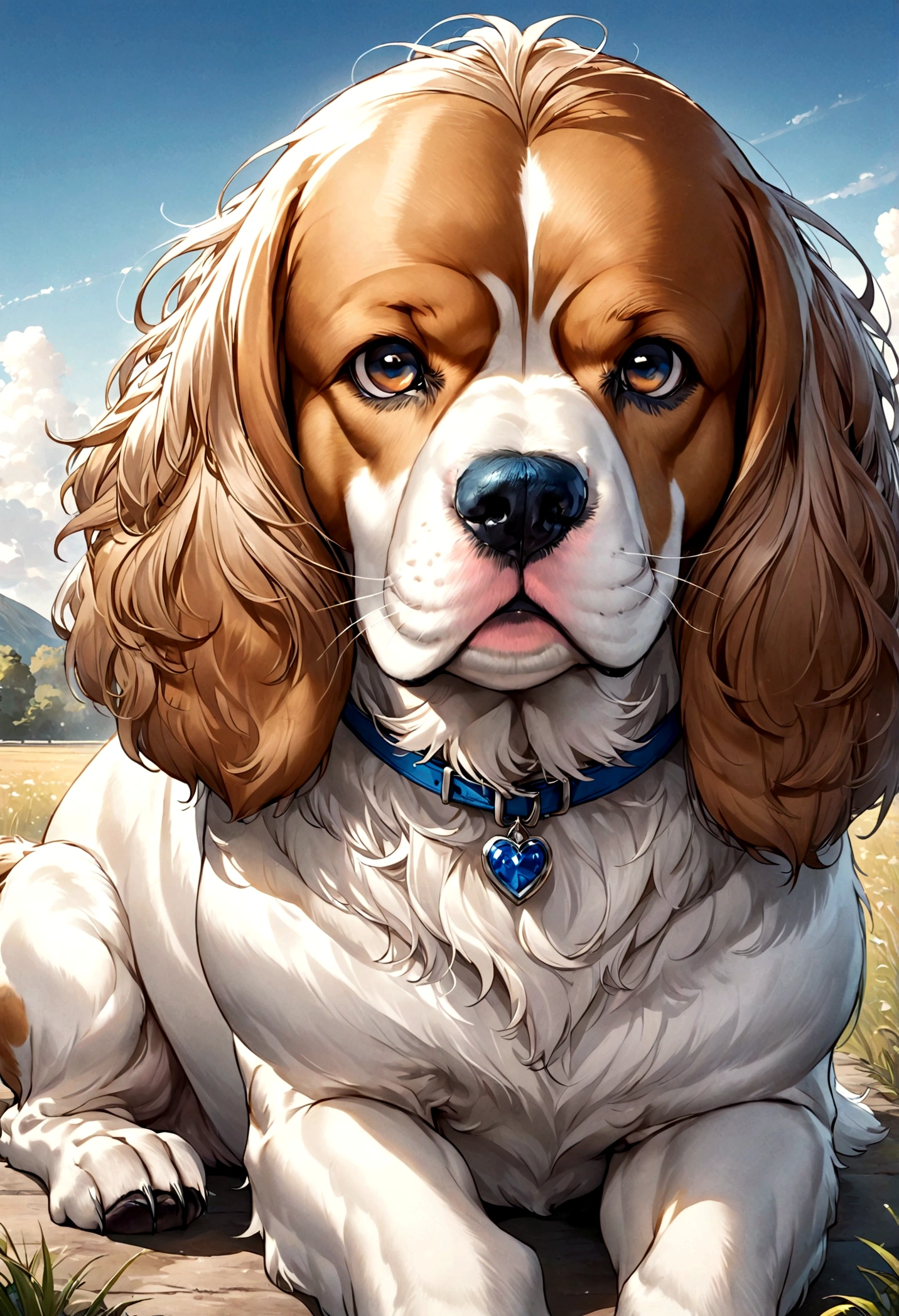 Create an image of a dog symbolizing the traits of a defender (ISFJ). The dog should be a Cocker Spaniel, known for its loyal and caring nature. The dog should have a warm and thoughtful expression, reflecting its dedication and responsibility towards others. It should appear in a setting that emphasizes support and attentiveness, such as comforting another animal, remembering special occasions, or maintaining an organized and welcoming environment. The primary theme color should be blue, with the dog's fur or background featuring various shades of blue to highlight its dependable and nurturing nature. The overall atmosphere should reflect the dog's hardworking, caring, and conscientious spirit, capturing the essence of a supportive and influential personality type."