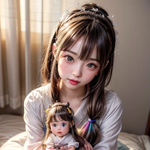 NSFW, 8k, High-level, absurd, masterpiece, best quality, primitive, very detailed CG, very detailed wallpaper, perfect lighting, Extremely detailed (((The personifying " Japanese doll " as a Little Girl))), MysticSight, Tyndall effect, Tyndall scattering, Studio gray background with (many Dazzling RainbowColor particles BokeH:1.28), (RoundlyButts, ThighGap), (Exposed:0.4), (Assfocus with looking ahead), BREAK (NOGIZAKA face variations) Extremely Detailed very KAWAII face variations, perfect ???????, Childish, captivating gaze, elaborate detailed Eyes with (sparkling highlights:1.28), long eyelashes、Glossy RED Lips with beautiful details, Coquettish tongue, Rosy cheeks, Radiant PearlSkin with clear transparency . { (Dynamic LifeLike expressions:1.4) | :d) }, (large eyes:-1) .