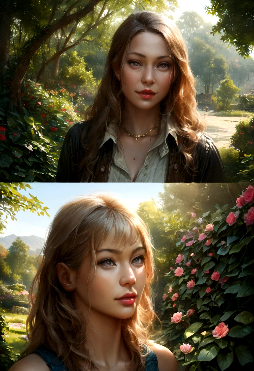 blonde woman, beautiful detailed eyes, beautiful detailed lips, extremely detailed face, longeyelashes, 1girl, 1man, couple, outdoor, garden, nature, flowers, trees, green foliage, blue sky, sunlight, photorealistic, detailed, ultra-detailed, (best quality,4k,8k,highres,masterpiece:1.2),ultra-detailed,(realistic,photorealistic,photo-realistic:1.37),vibrant colors,dramatic lighting