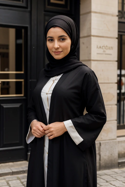 une femme de 30ans de teint claire, with black, braided hair dressed in an abaya, marchant dans les rue de lagos