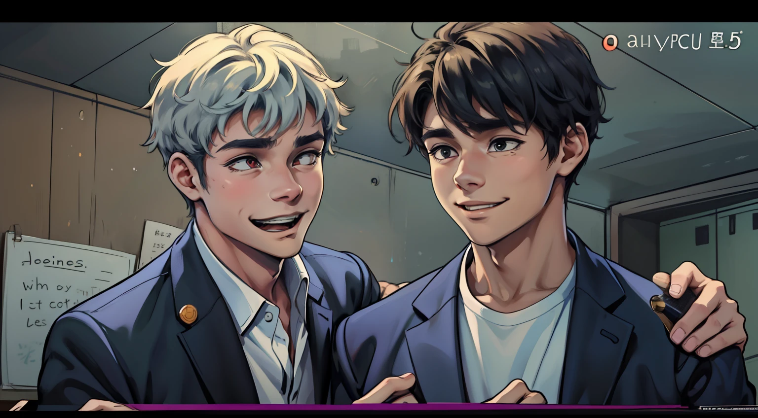 There are two handsome 18-year-old men, one of them is smiling, the other is worried and afraid.