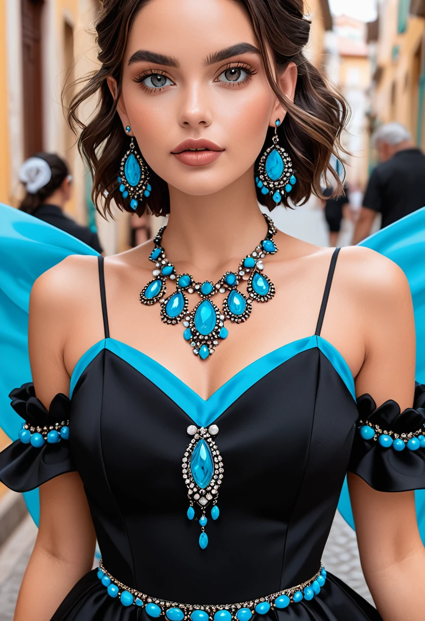Um close de uma mulher usando um vestido preto e brincos azuis