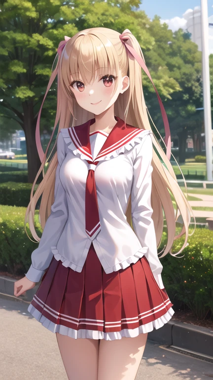 masterpiece, best quality, highres, aariko, long hair, blonde hair, two side up, hair ribbon, pink ribbon, , frills, serafuku, sailor collar, necktie, white shirt, long sleeves, red skirt, standing, cowboy shot, outdoors, smile