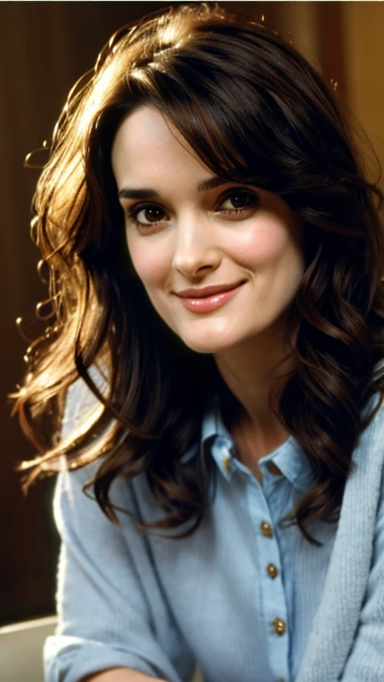 Winona Ryder with wavy hair dressed in casual and sensual clothes and a sexy smile
