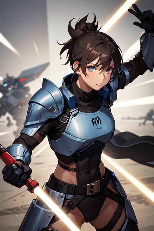 Brown mohawk, blue eyes, bad batch black and red colored clone armor, buff, fit with equipment, woman