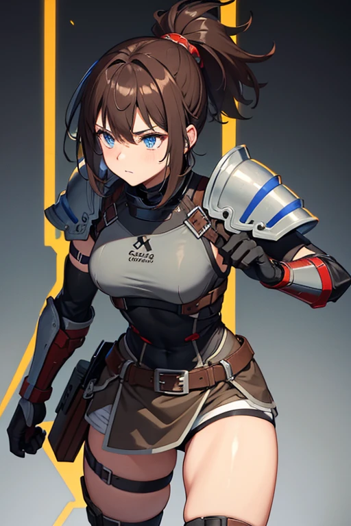 Brown mohawk, blue eyes, bad batch black and red colored clone armor, buff, fit with equipment, woman