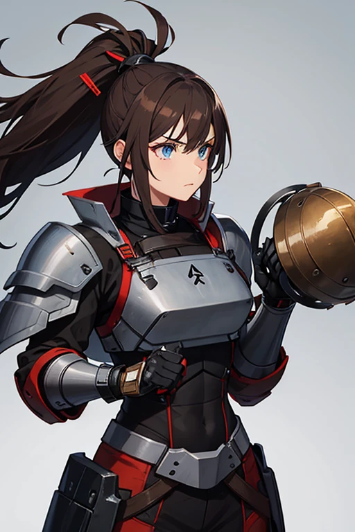 Brown mohawk, blue eyes, bad batch black and red colored clone armor, buff, fit with equipment, woman